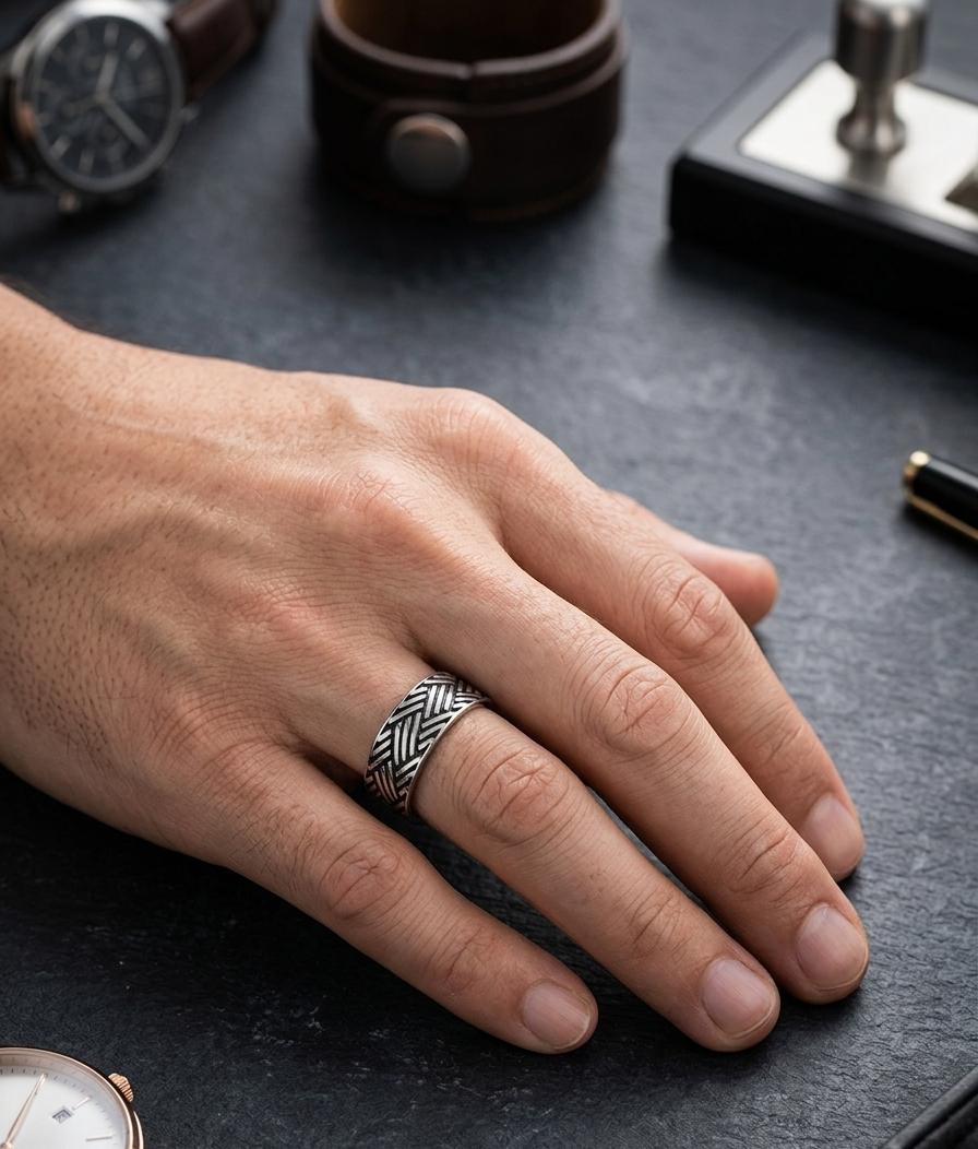 Silver Carved Zigzag Men Ring