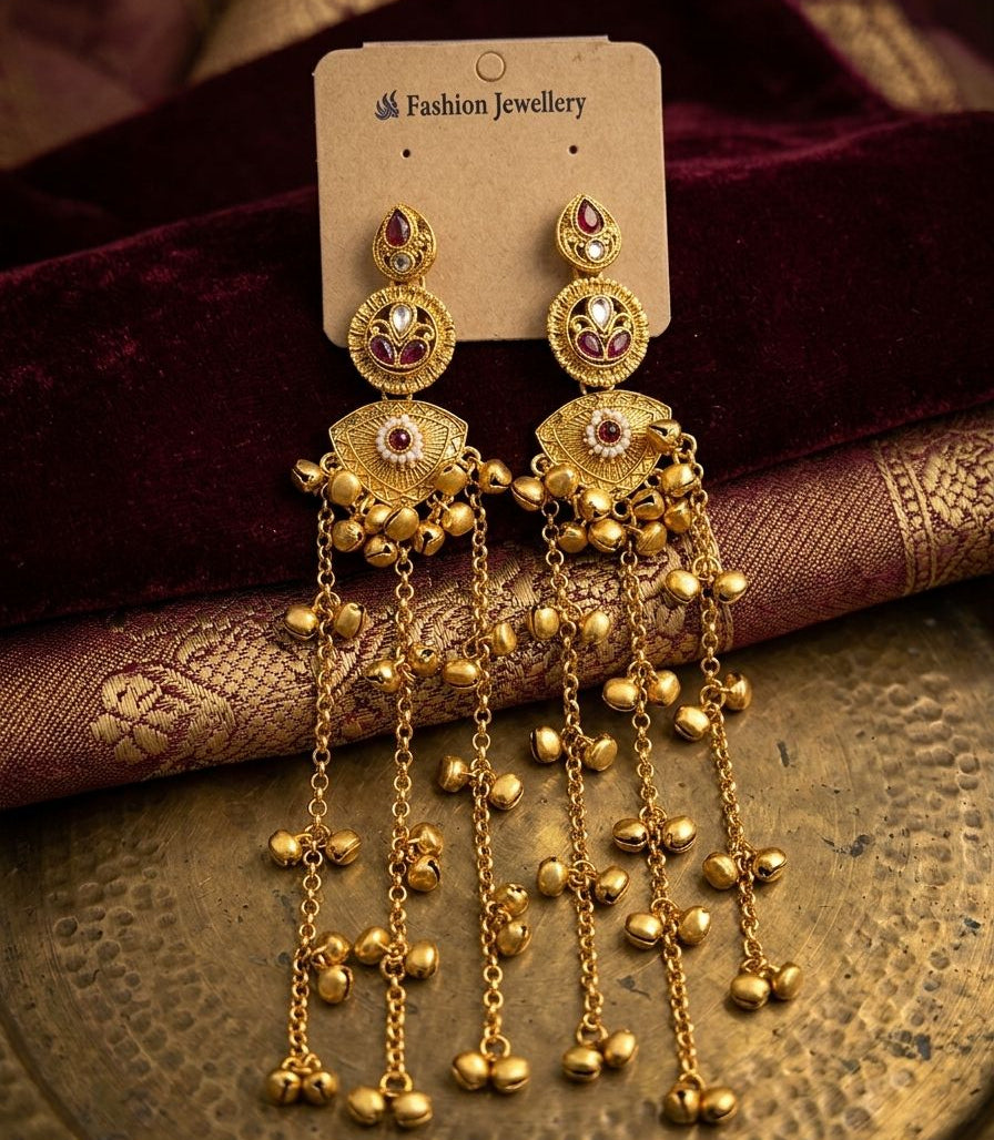 Red Ghungroo Long Kashmiri Earrings - Nimé By Shop Trendys