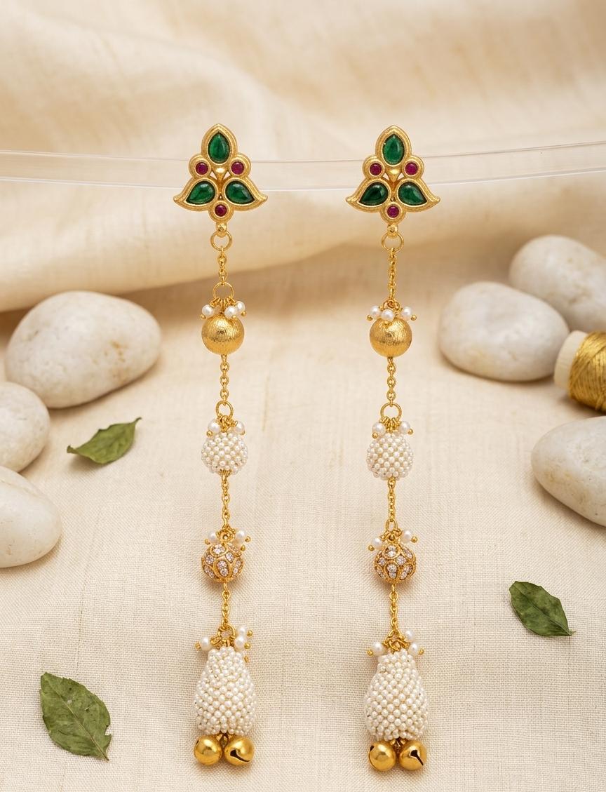 Dark Green Stone Designer Kashmiri Golden Earrings - Nimé By Shop Trendys