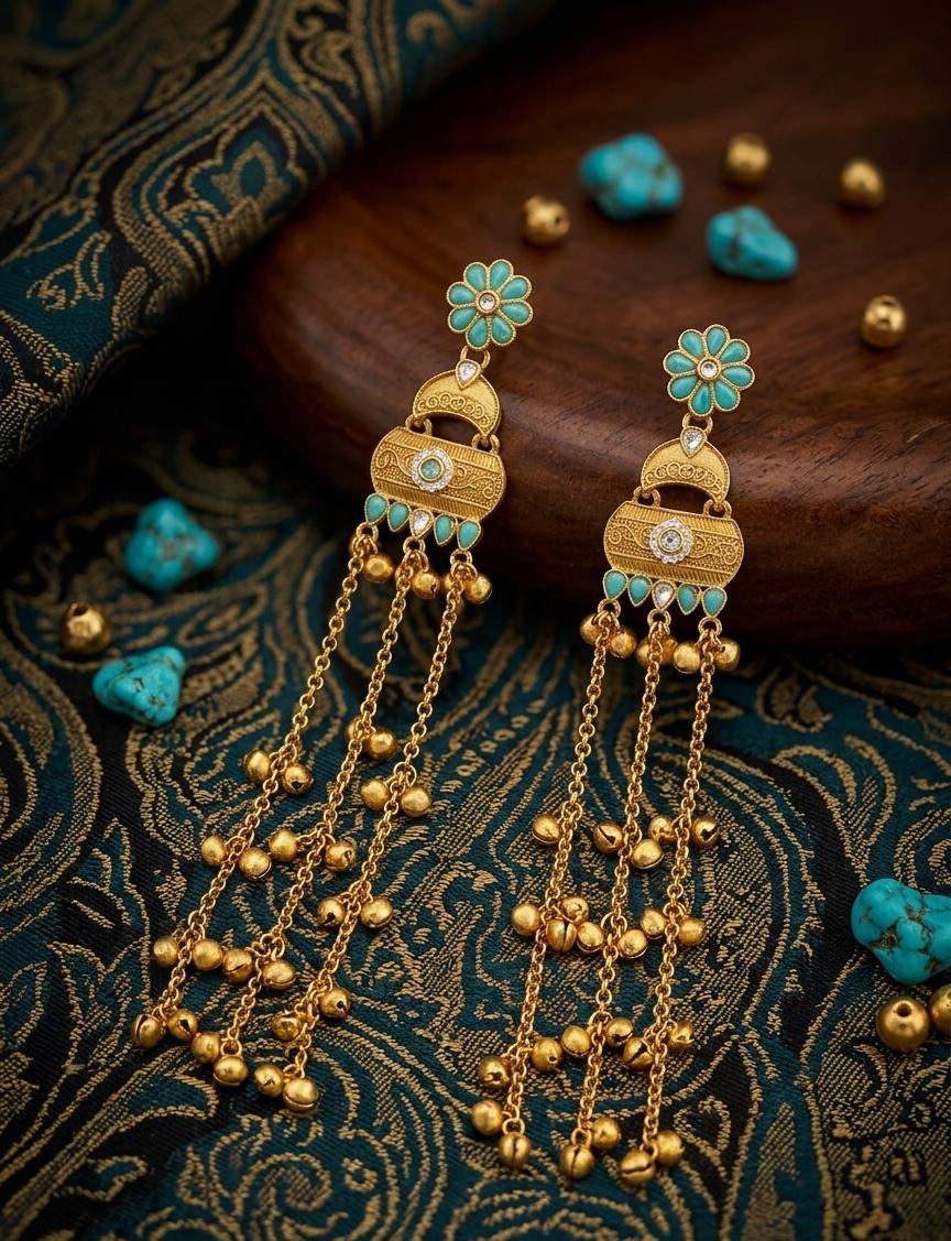 Turquoise Ghungroo Long Kashmiri Earrings - Nimé By Shop Trendys