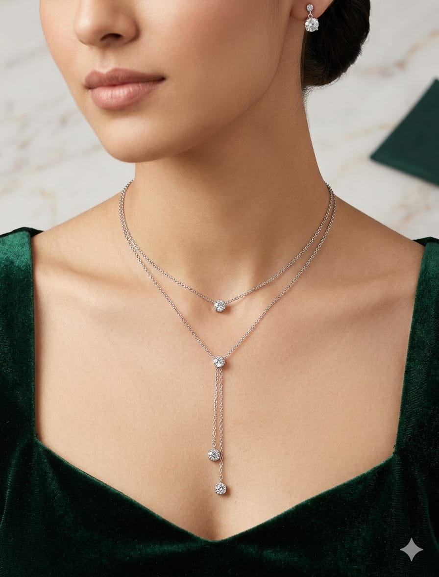 Silver Diamond Layered Y Necklace (Anti Tarnish) - Nimé By Shop Trendys