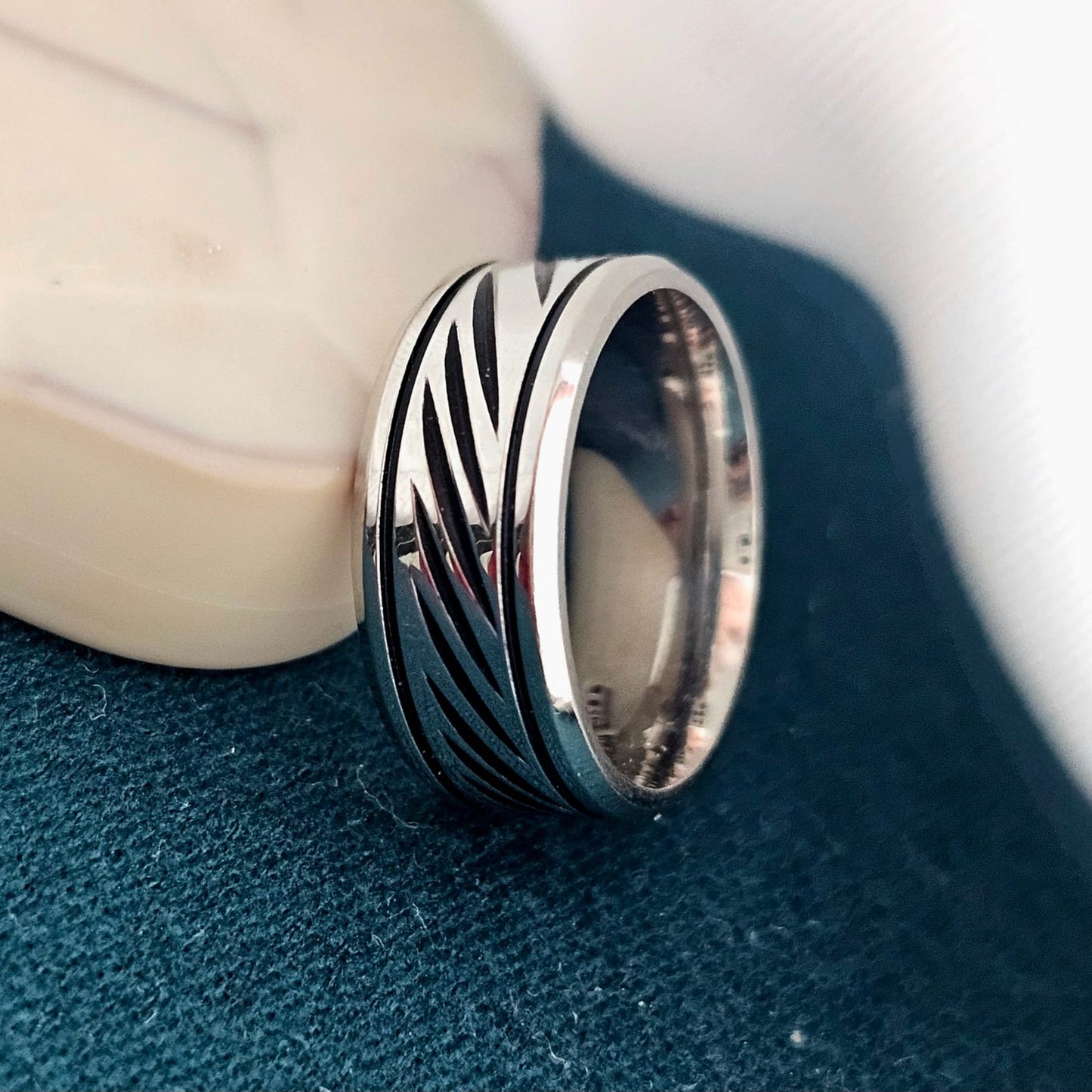 Men Silver Stripes Band Ring (Anti Tarnish)
