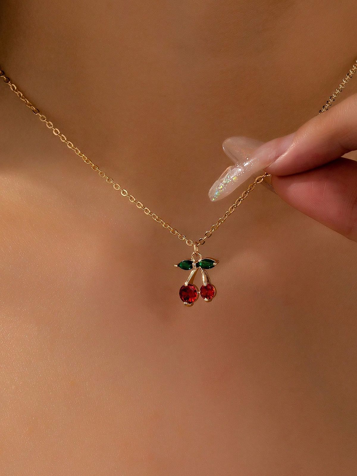Women Crystal Cherry Charm Necklace (Anti Tarnish)