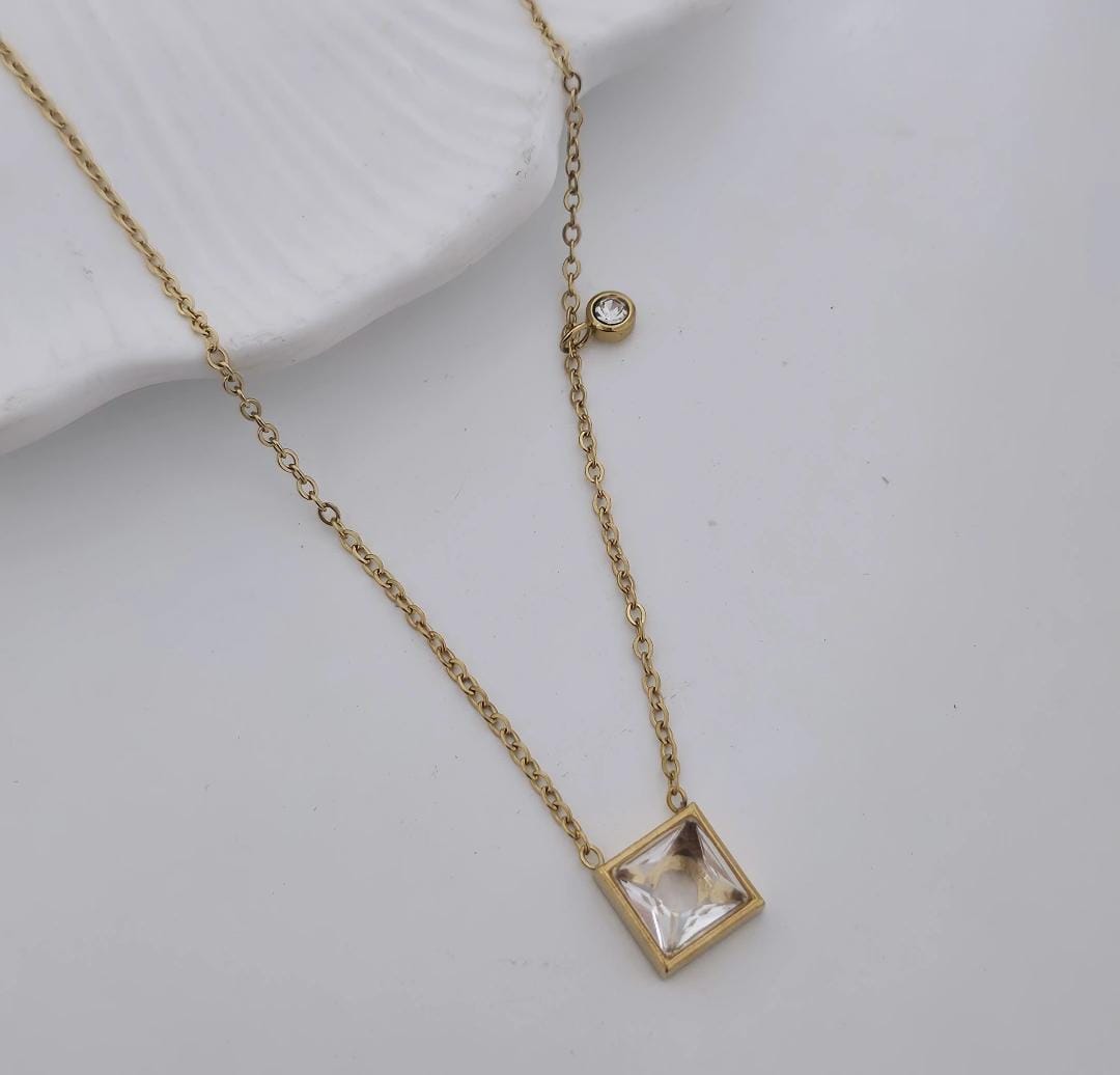 Women White Square Stone Minimal Necklace (Anti Tarnish)