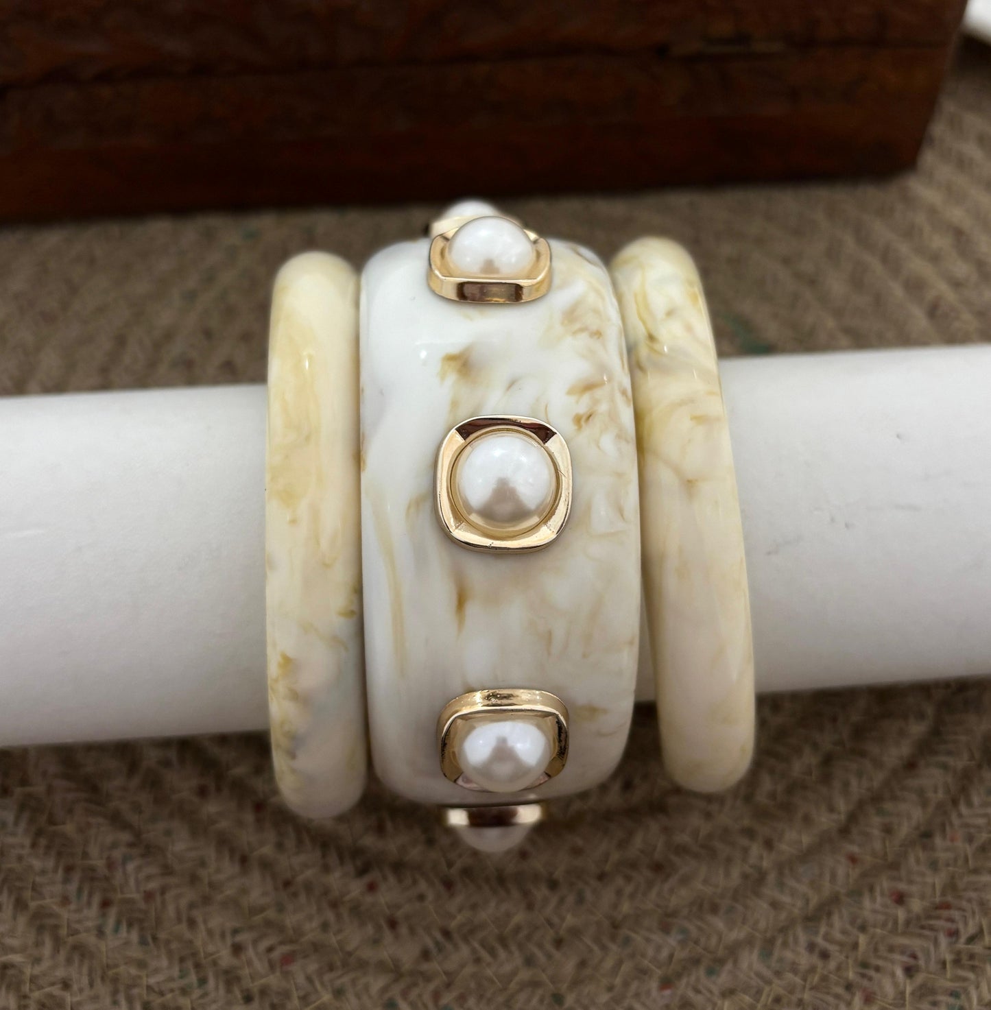 White Marble-Effect Pearl Bangles Set ( Set of 3 ) (Size 2.8)
