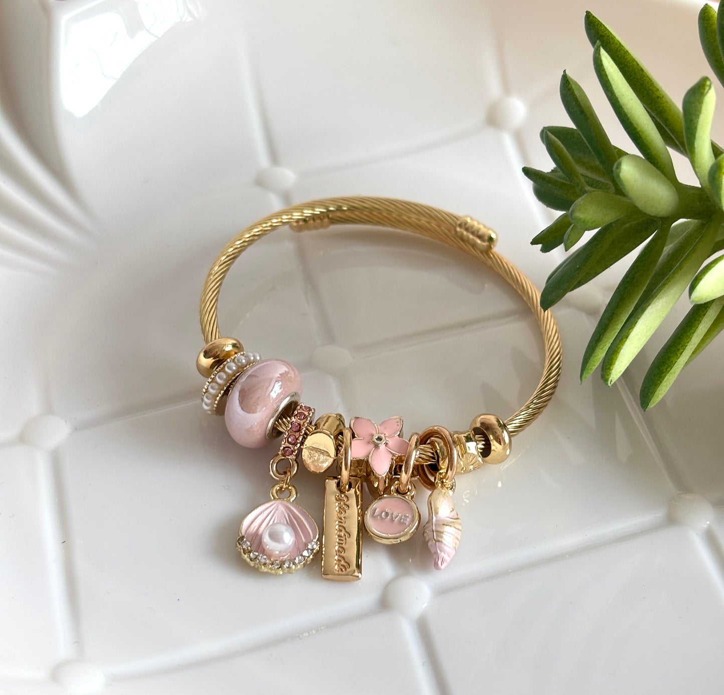 Women Golden Pink Sea Shell Pandora Charm Bracelet