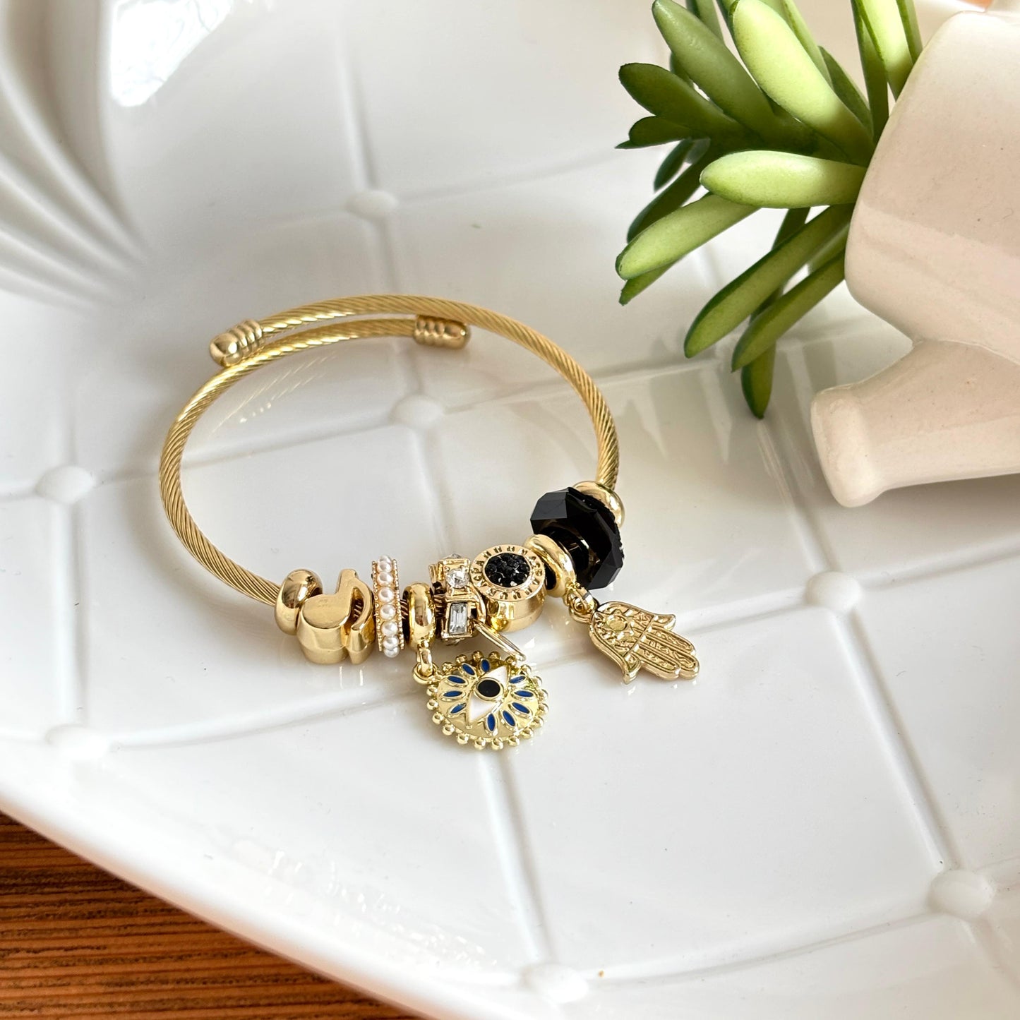 Women Golden Black Evil Eye Pandora Charm Bracelet