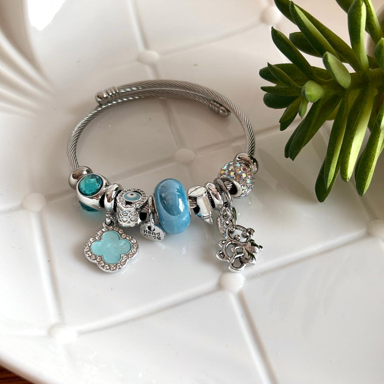 Women Silver Blue Clover Pandora Charm Bracelet