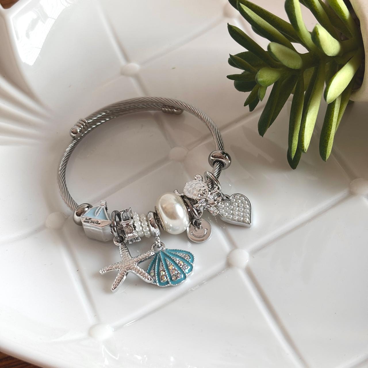 Women Silver Blue Seashell Pandora Charm Bracelet