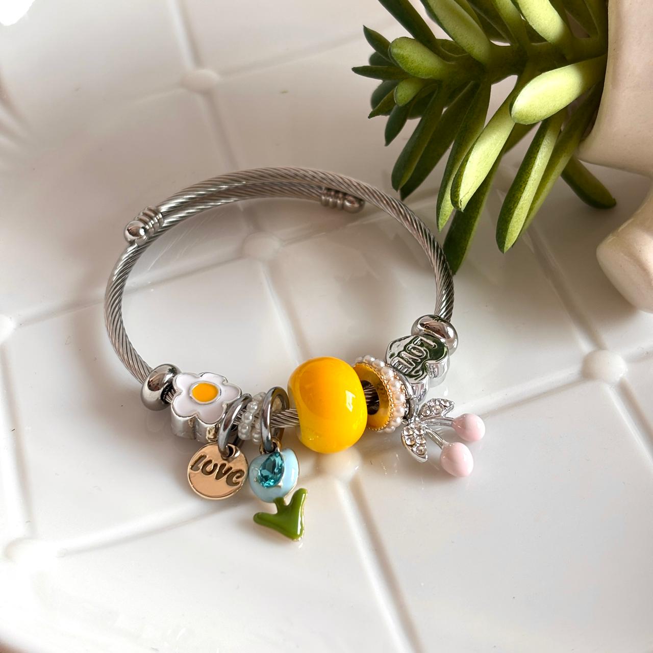 Women Silver Cute Tulip Cherry Pandora Charm Bracelet