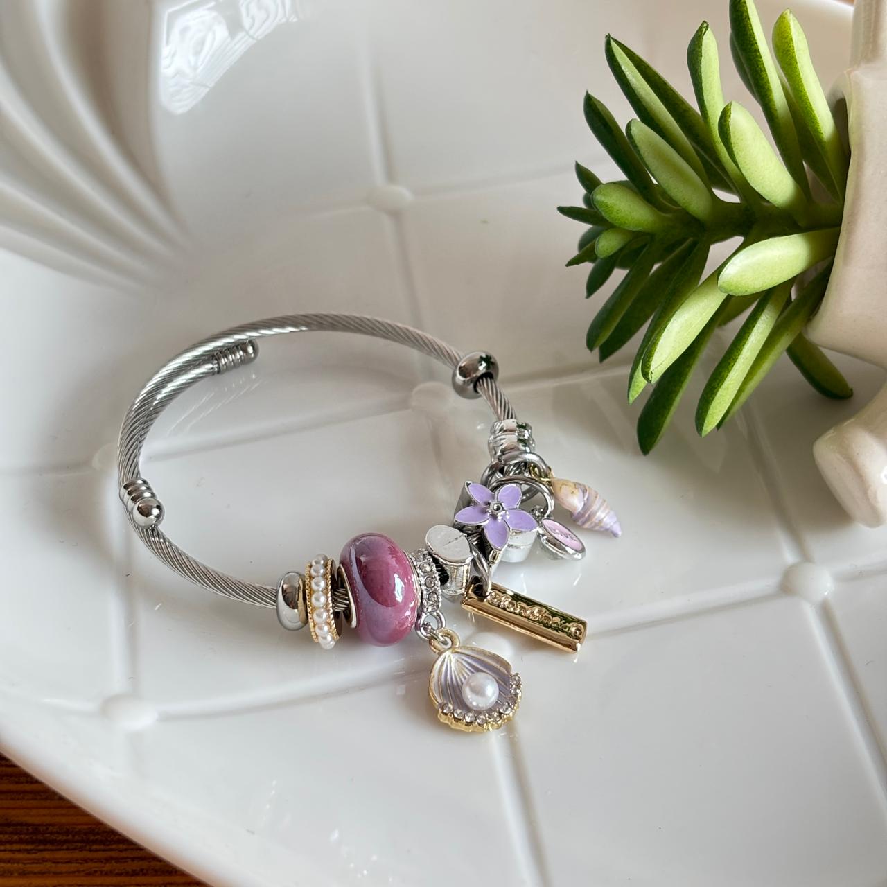 Women Silver Lilac Sea Shell Pandora Charm Bracelet