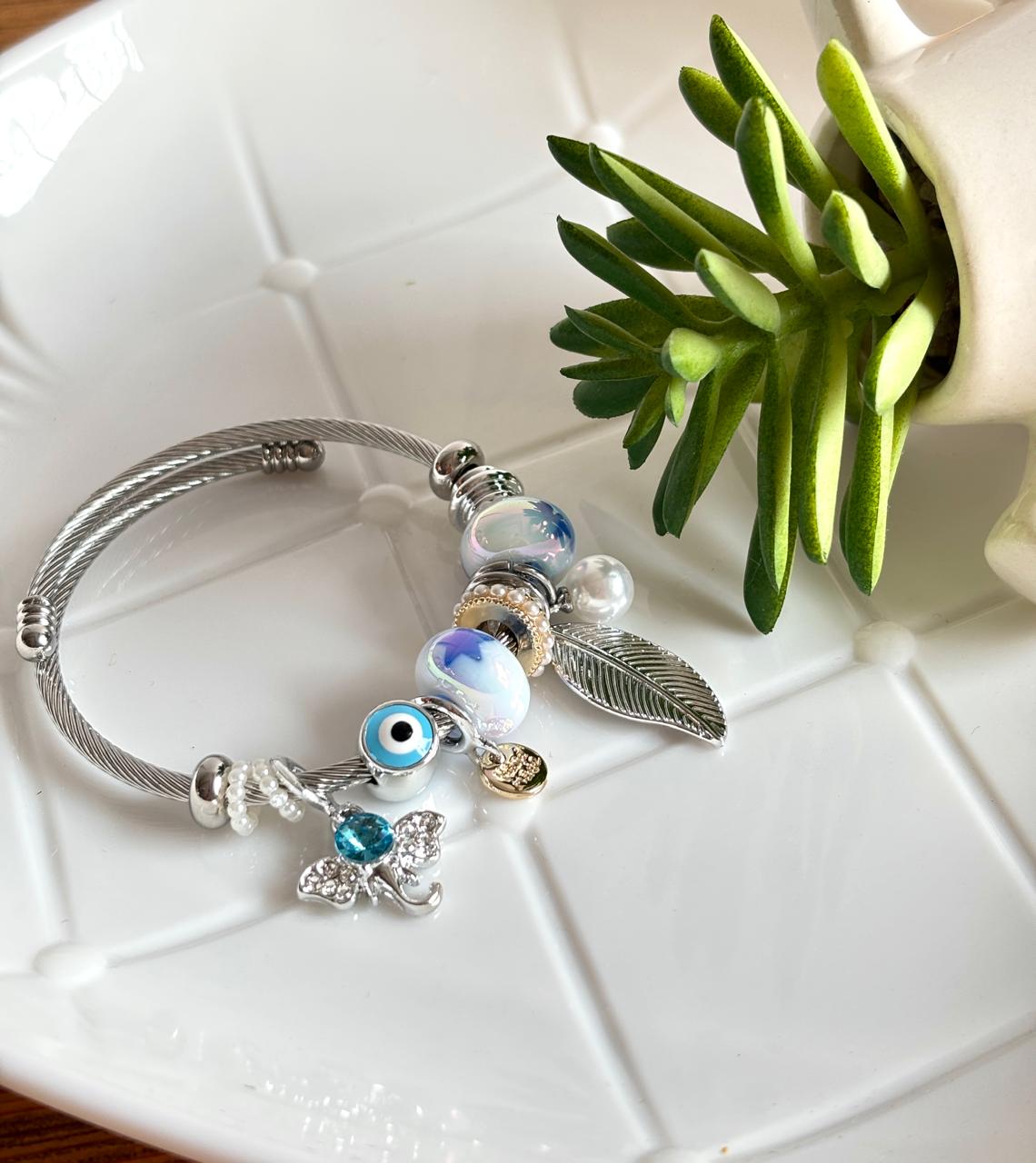 Women Silver Blue Leaf Pandora Charm Bracelet