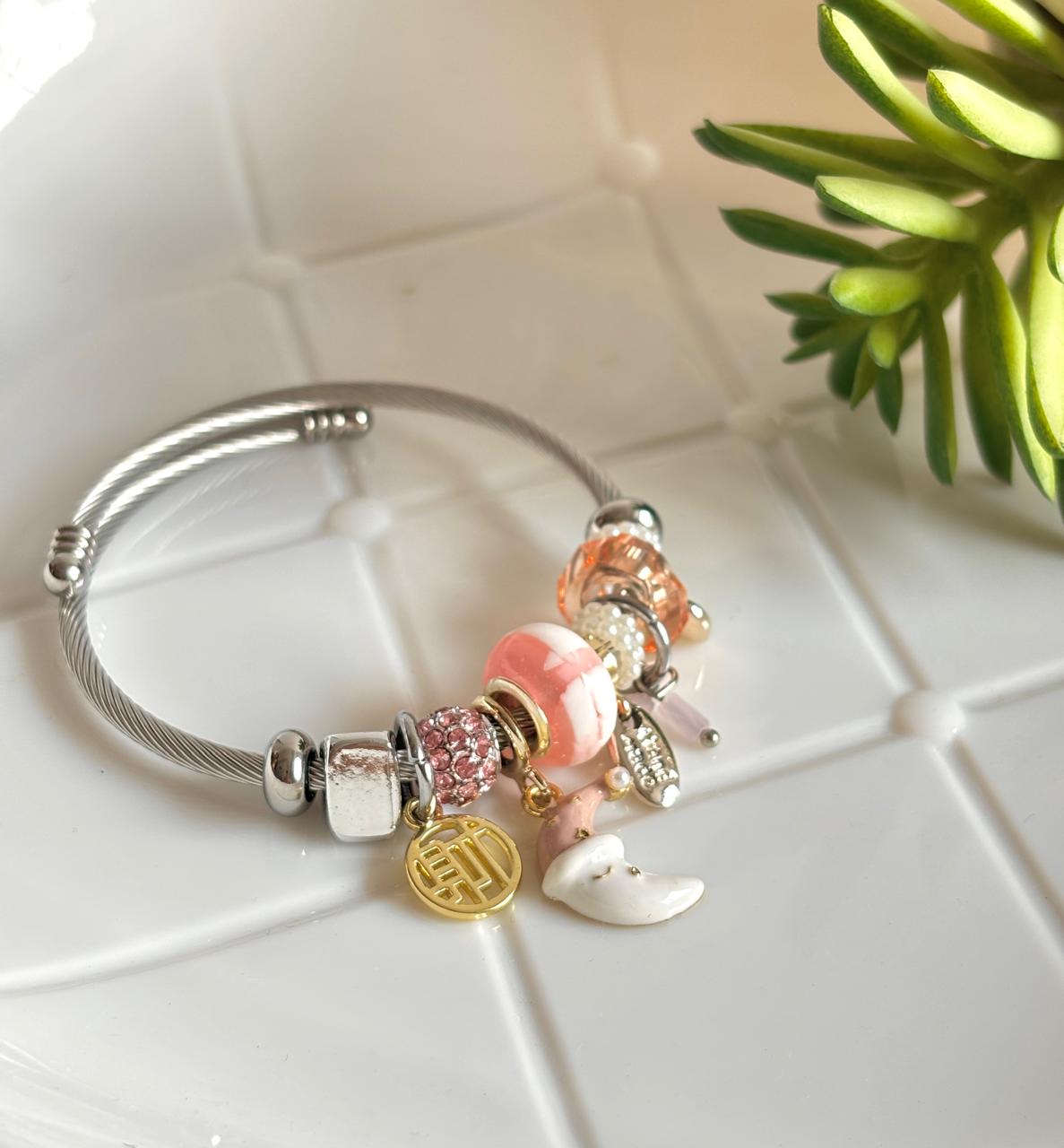 Women Silver Cute Pink Moon Pandora Charm Bracelet