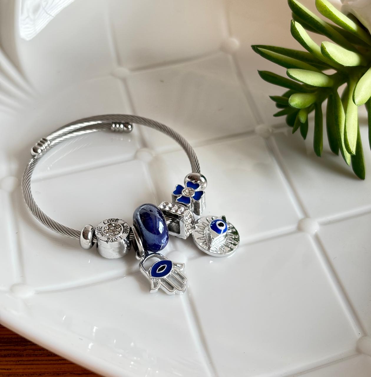 Women Silver Navy Blue Evil Eye Pandora Charm Bracelet