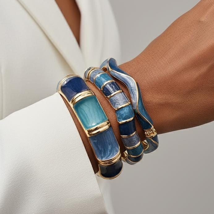 Women Blue Curve Enamel Kada Bracelet Stack (Set Of 3)