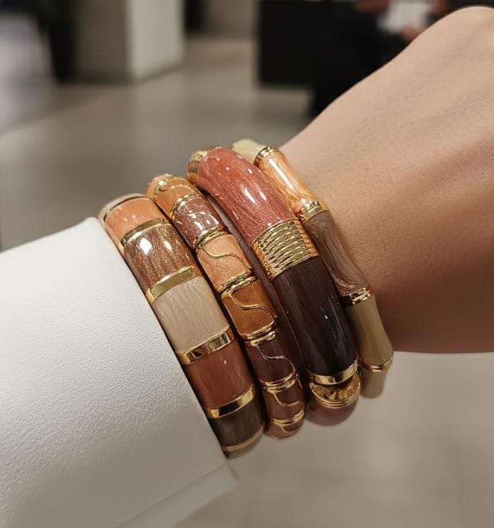 Women Brown Beige Enamel Kada Bracelet Stack (Set of 4)