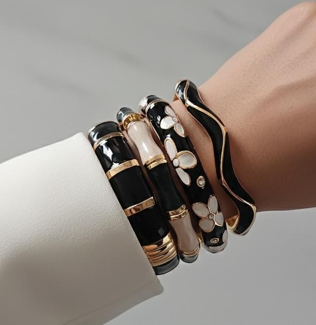 Women Black Curve Enamel Kada Bracelet Stack (Set of 4)