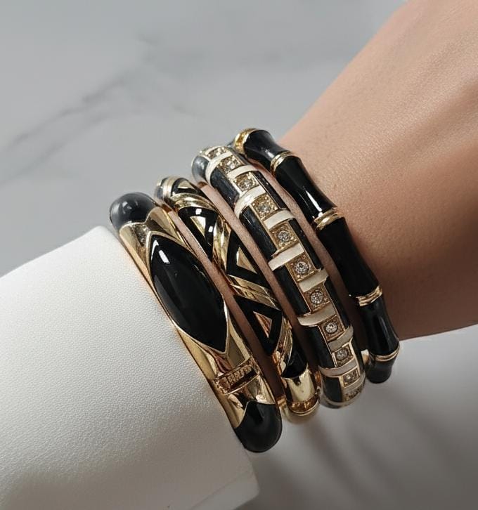 Women Black Diamond Enamel Kada Bracelet Stack (Set of 4)