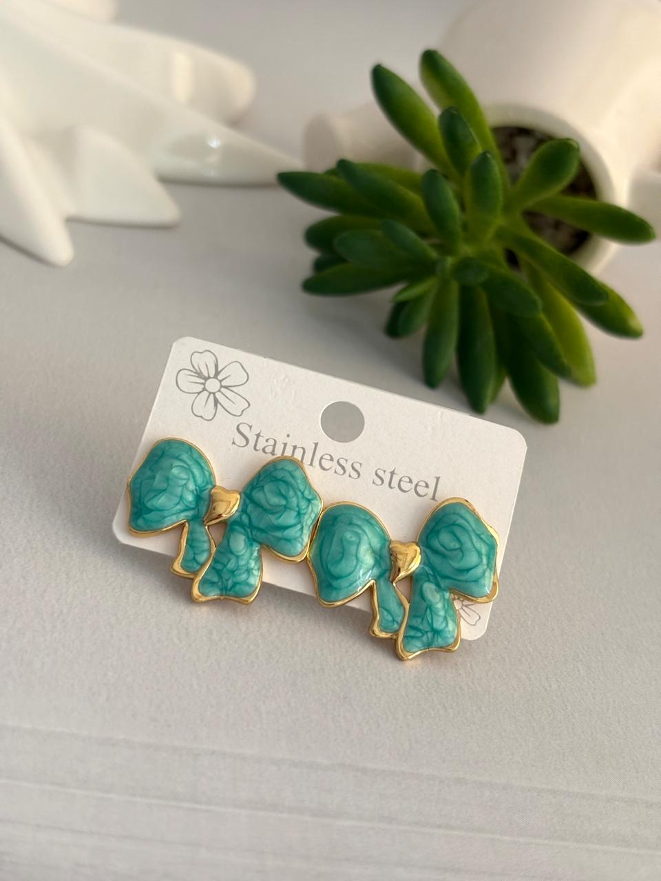 Women Enamel Bluish Green Bow Earring
