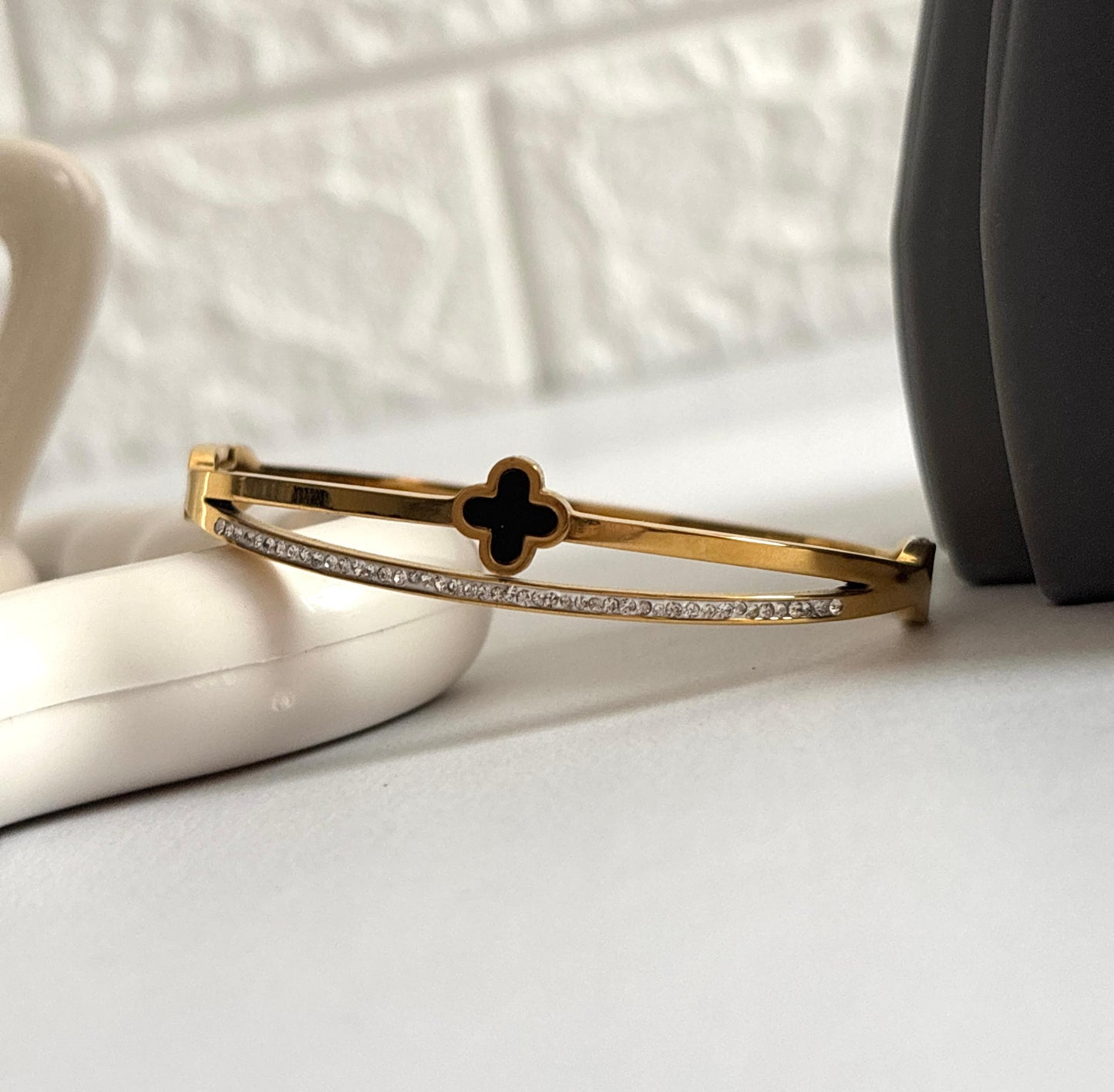 Women Golden Black Diamond Clover Layered Kada Bracelet (Anti Tarnish) (Small Size)