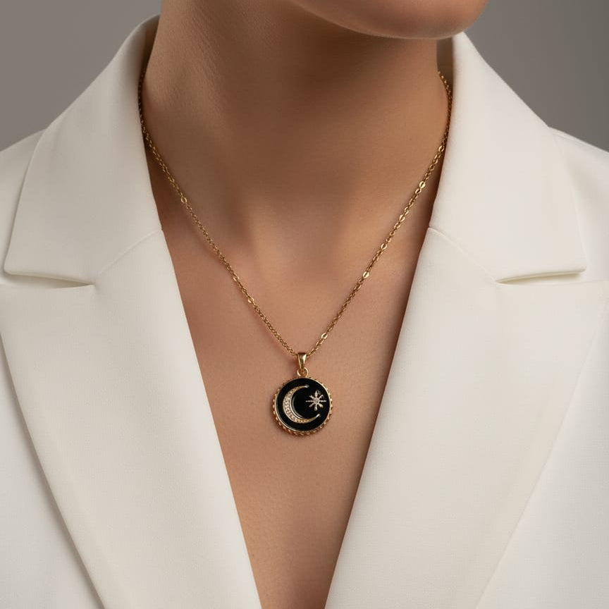 Women Black Moon Star Necklace (Anti Tarnish)