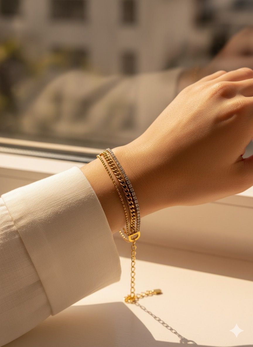 Women Golden Tennis Layered Bracelet (Anti-Tarnish)