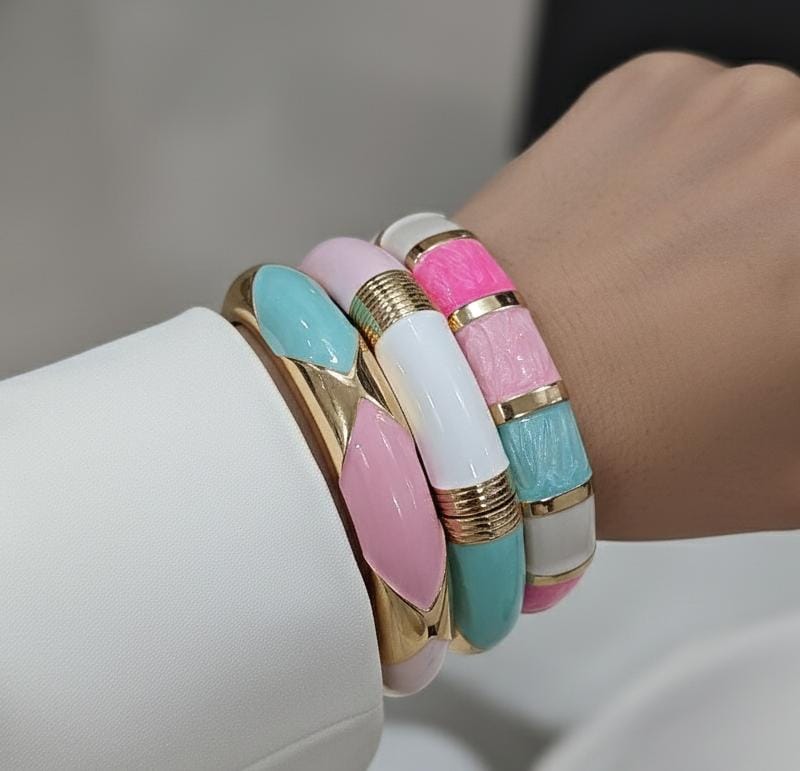 Women Pink Blue Enamel Kada Bracelet Stack (Set of 3)
