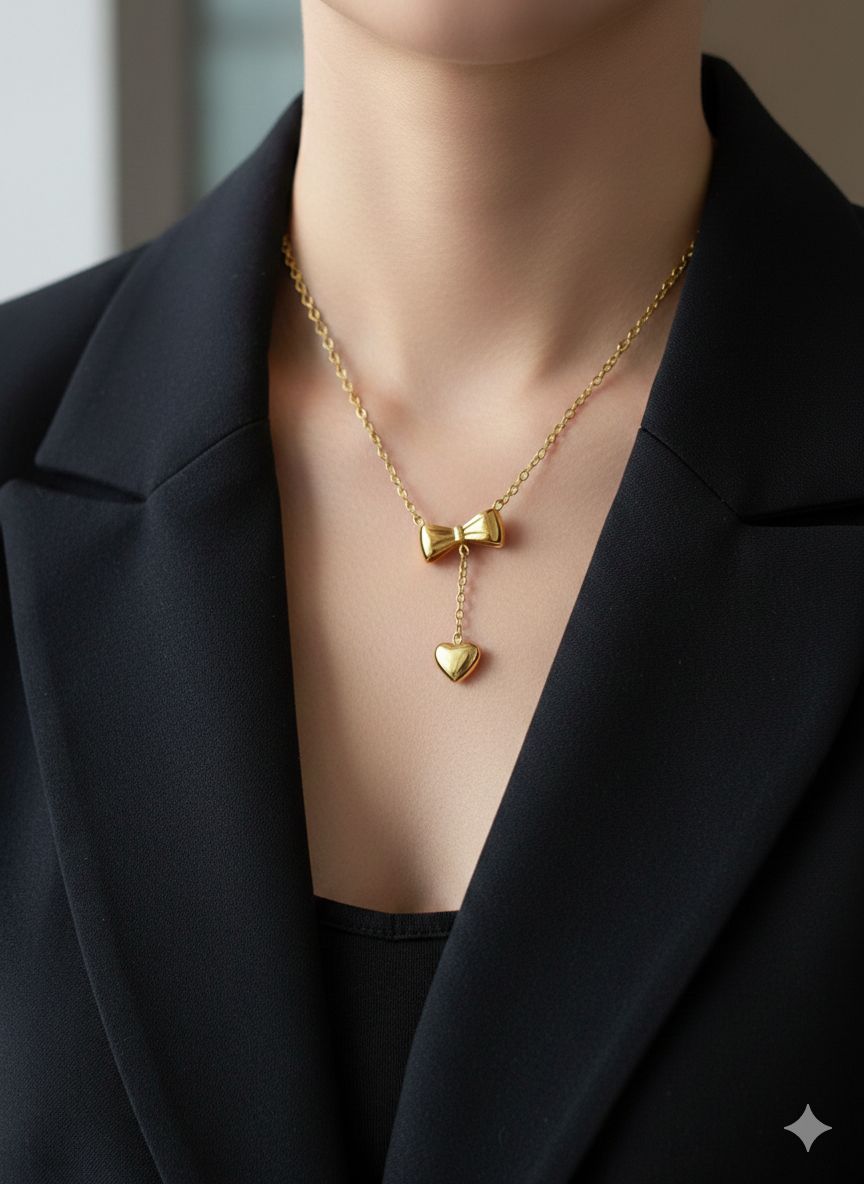 Golden Bow With Heart Necklace(Anti Tarnish) - Nimé By Shop Trendys