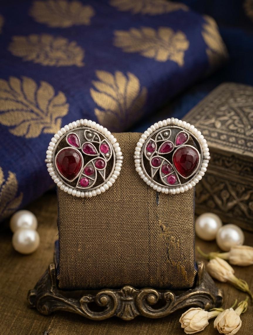 German Silver Stone Pearl Peacock Earrings - Nimé By Shop Trendys