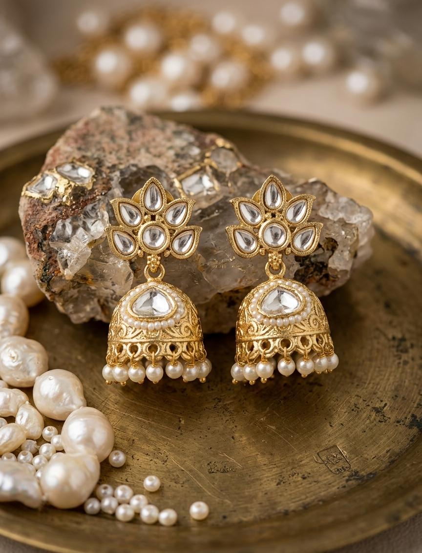 Golden Kundan Jumkha Earrings - Nimé By Shop Trendys