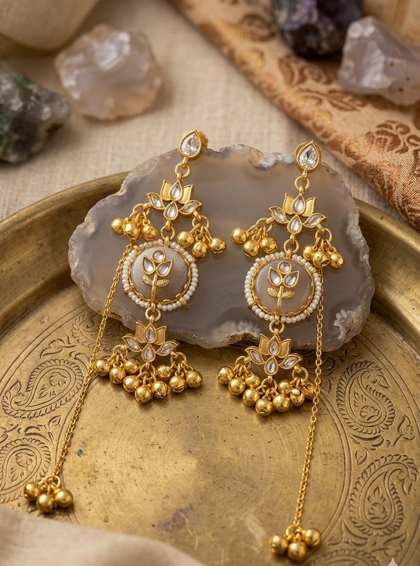 Kashmiri Long Grey Golden Earrings - Nimé By Shop Trendys