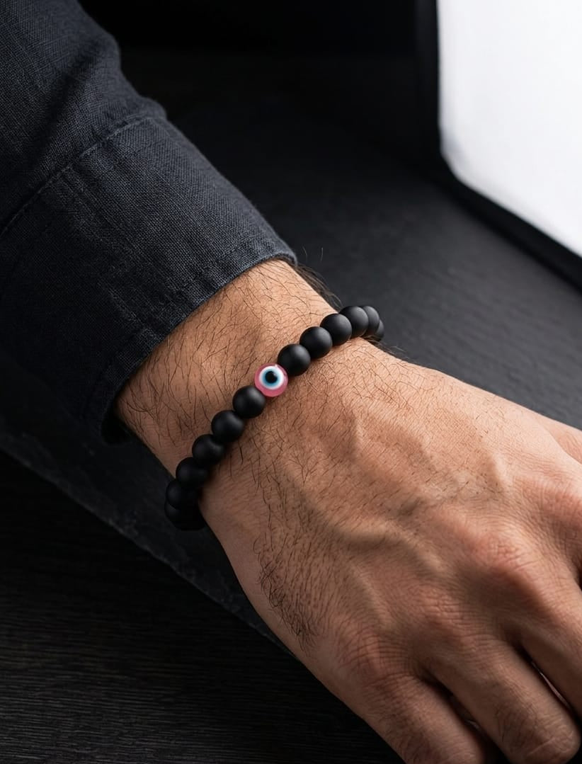 Men Matt Black Pink Evil Eye Bracelet - Nimé By Shop Trendys