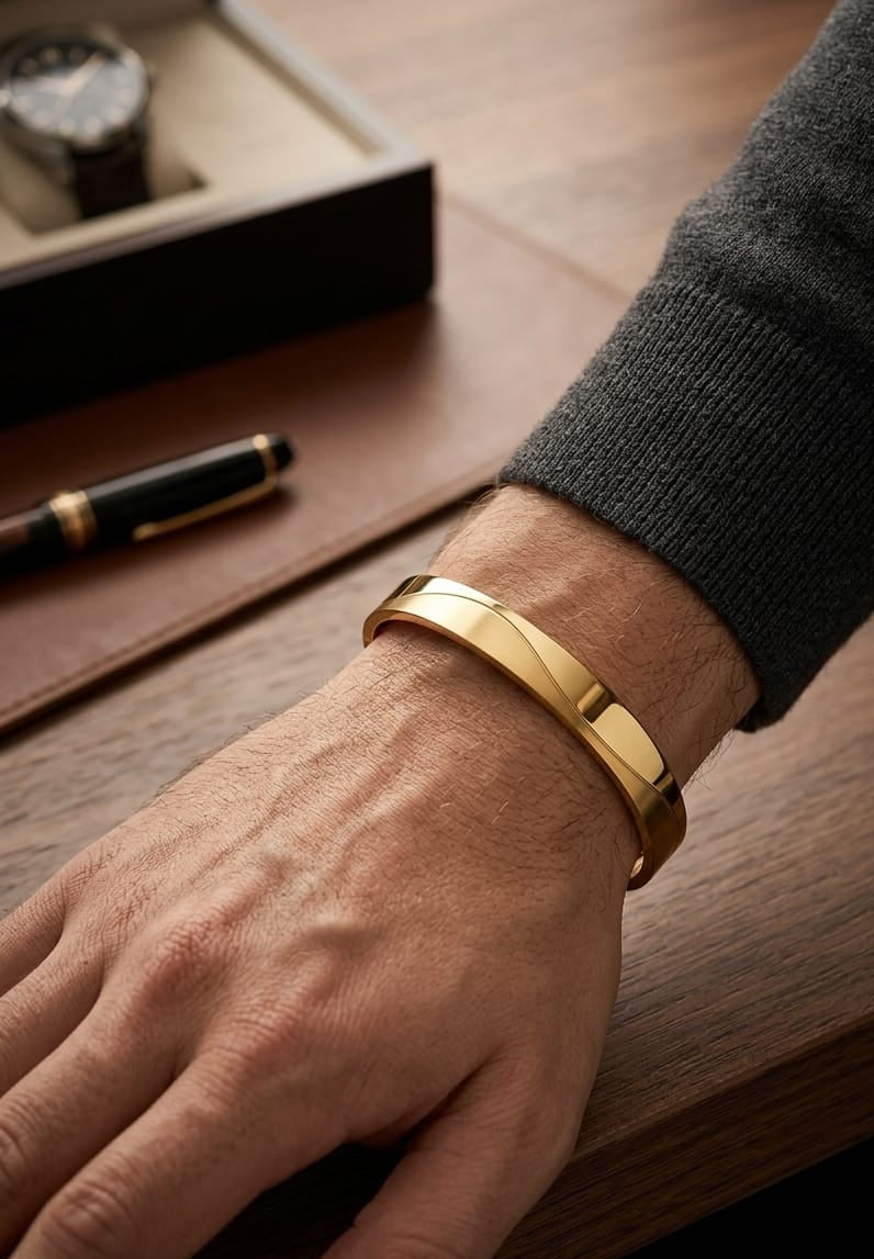 Men Golden Matt And Shiny Curve Kada Bracelet (Anti Tarnish) - Nimé By Shop Trendys
