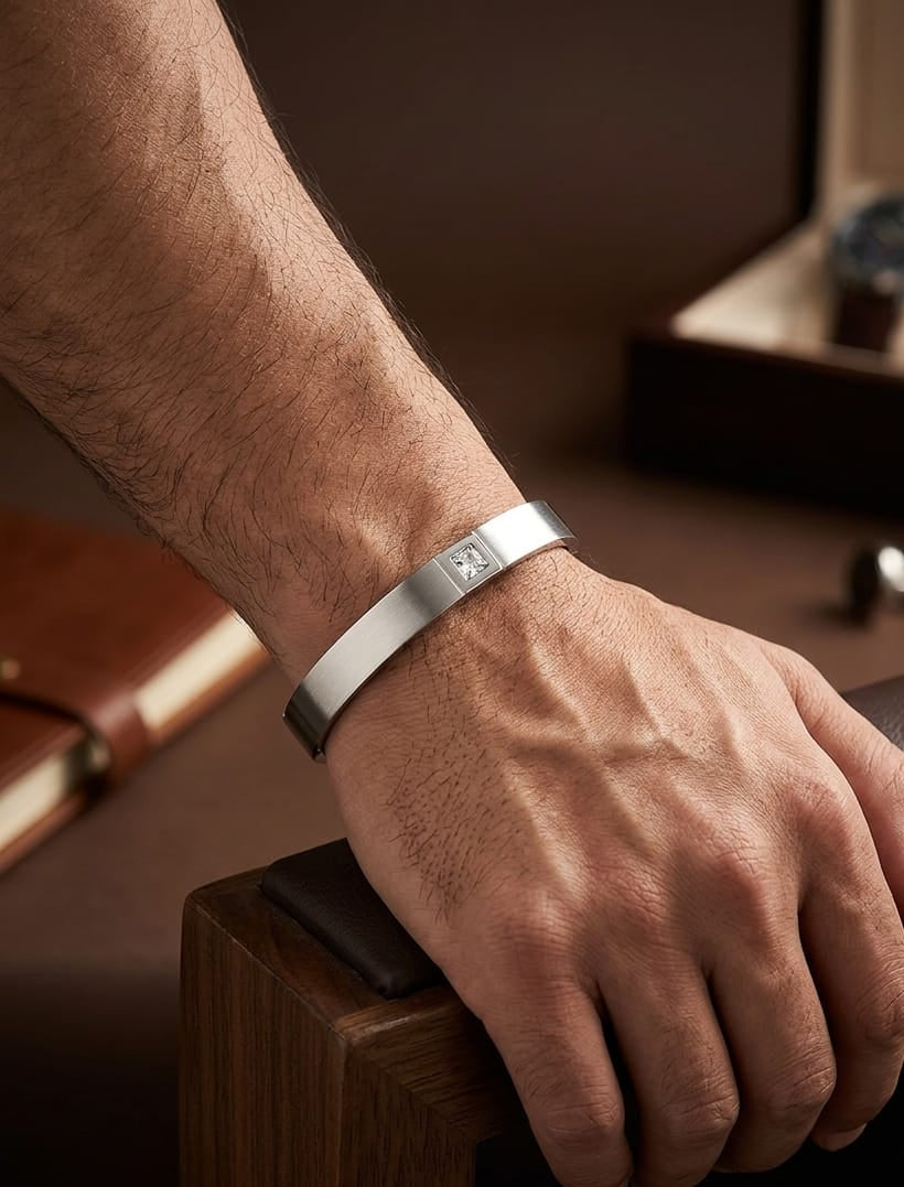 Men Silver Matt Diamond Kada Bracelet (Anti Tarnish) - Nimé By Shop Trendys