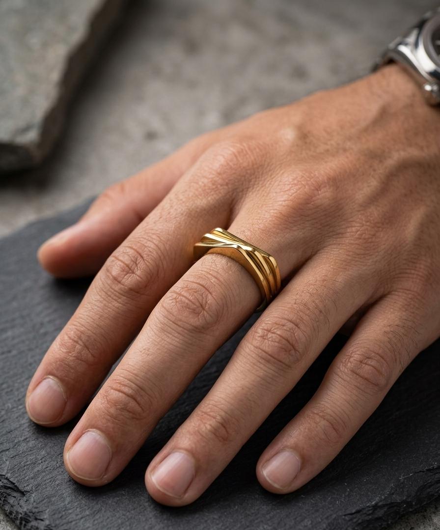 Men Golden Tripple Texture Statement Ring
