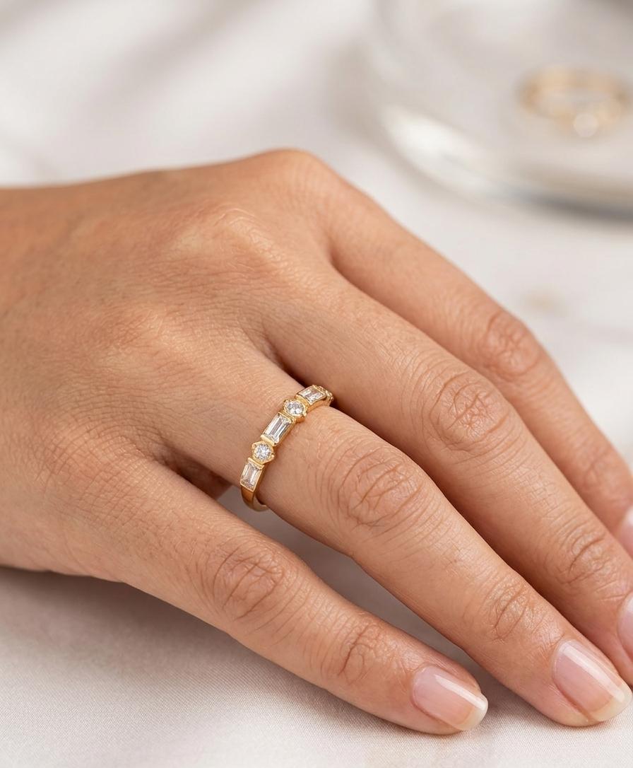 Women Golden Rectangle Oval Diamond Ring