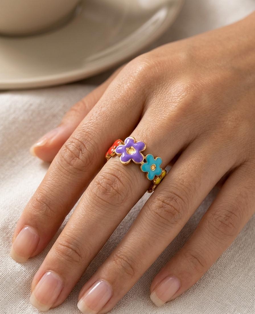 Women Color Enamel Flower Ring Adjustable