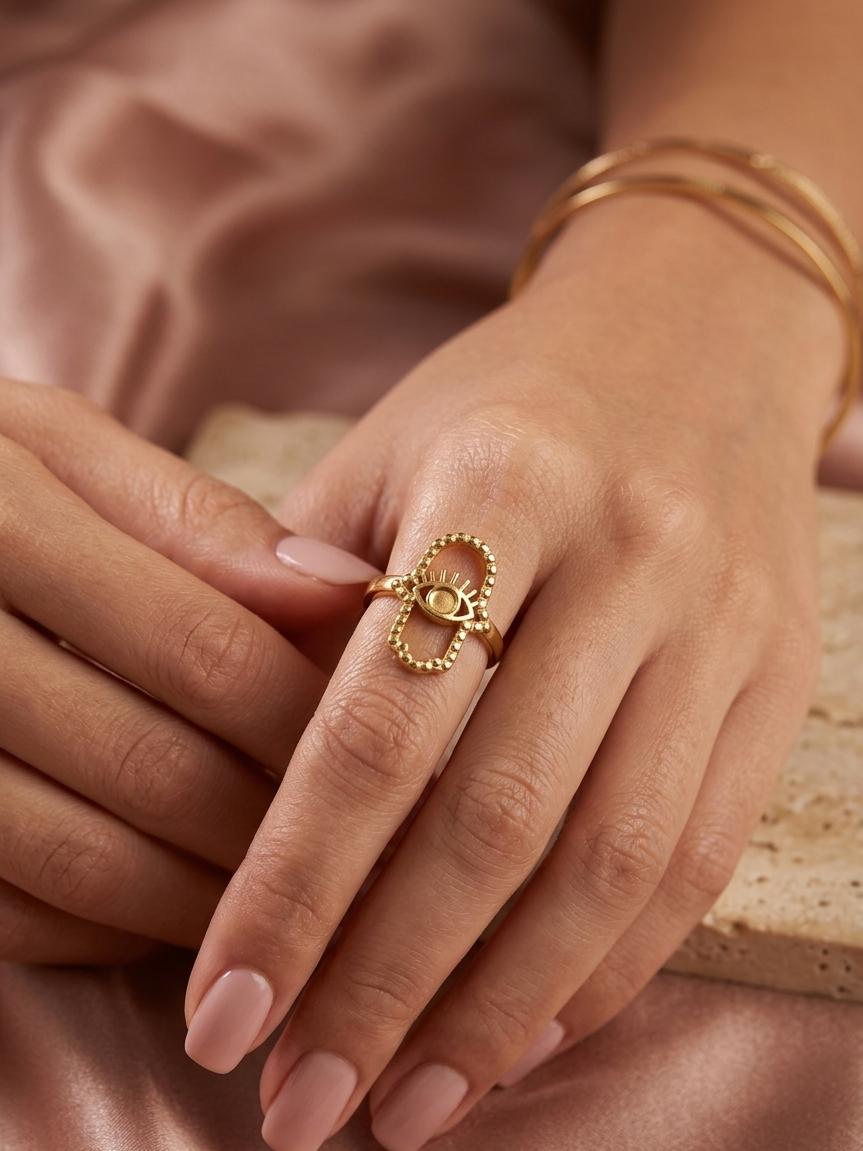 Woman Golden Evil Eye Hamsa Hand Ring (Adjustable)