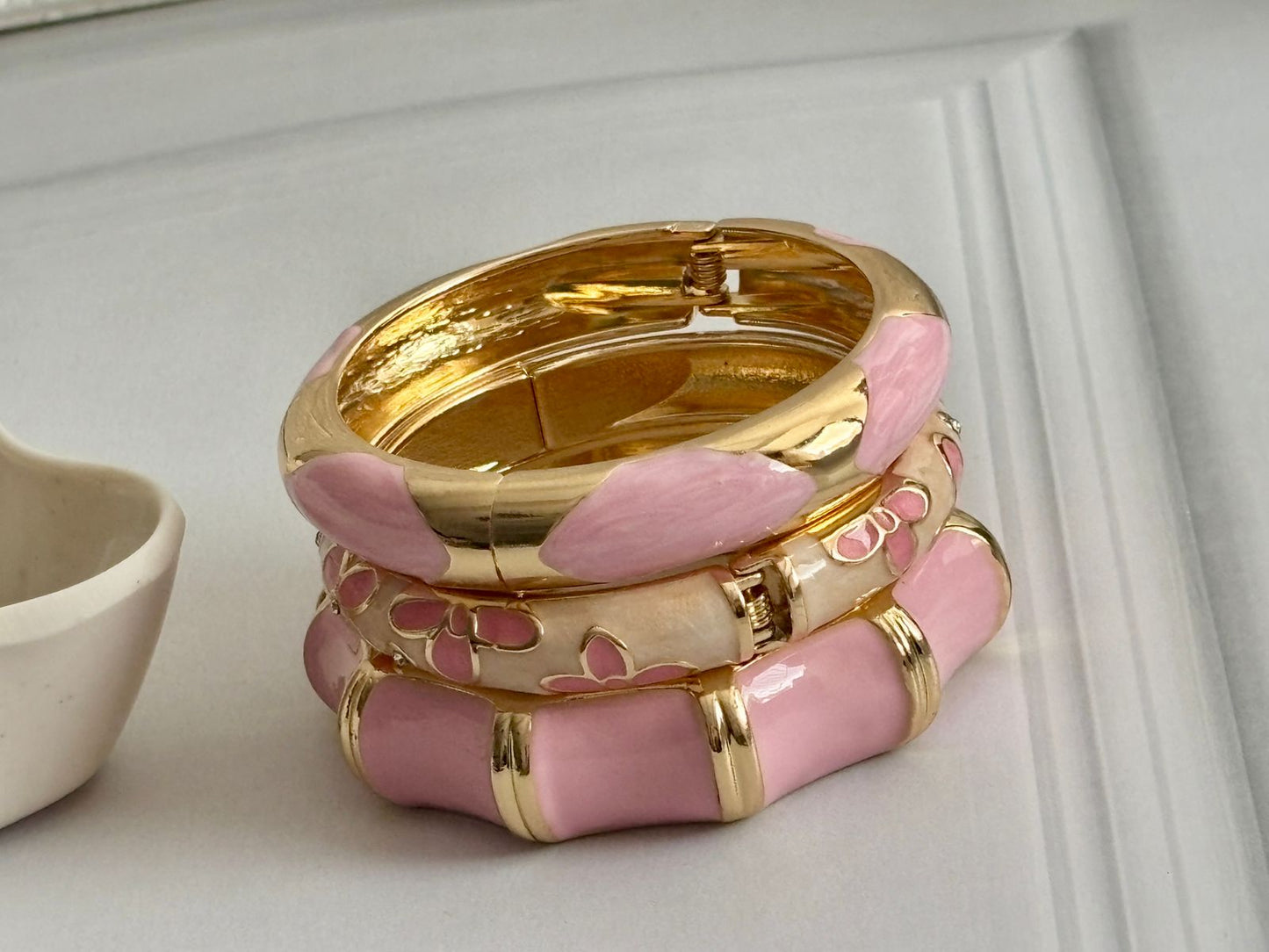 Women Pink Enamel Kada Bracelet Stack (Set Of 3)
