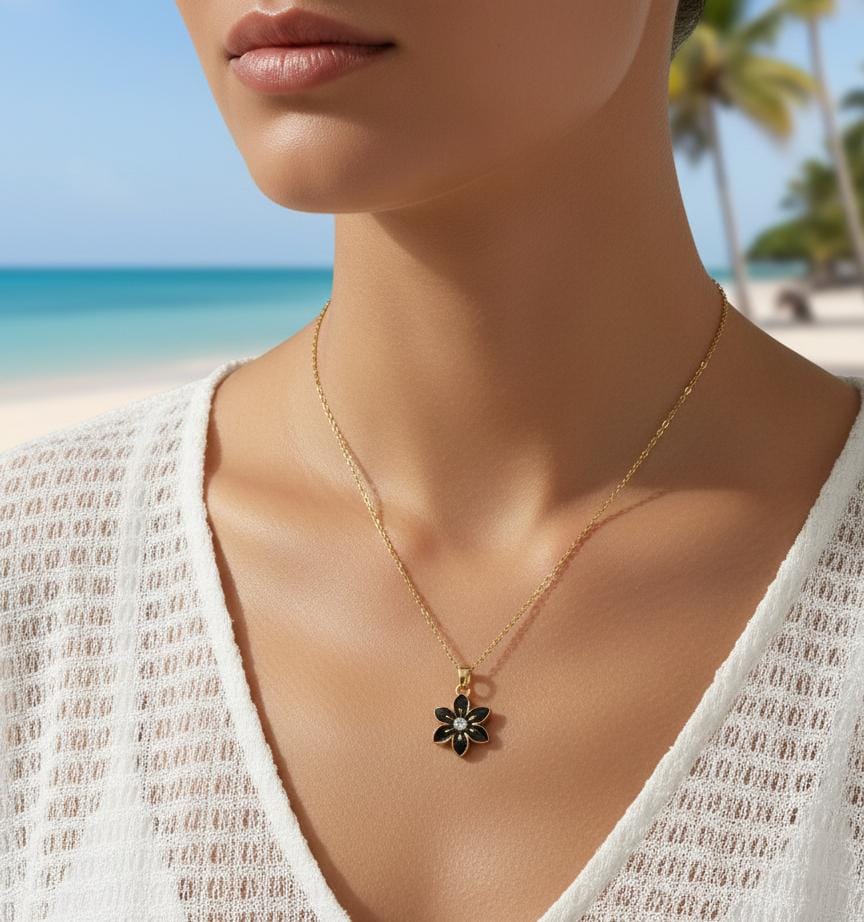 Women Black Flower Necklace (Anti Tarnish)