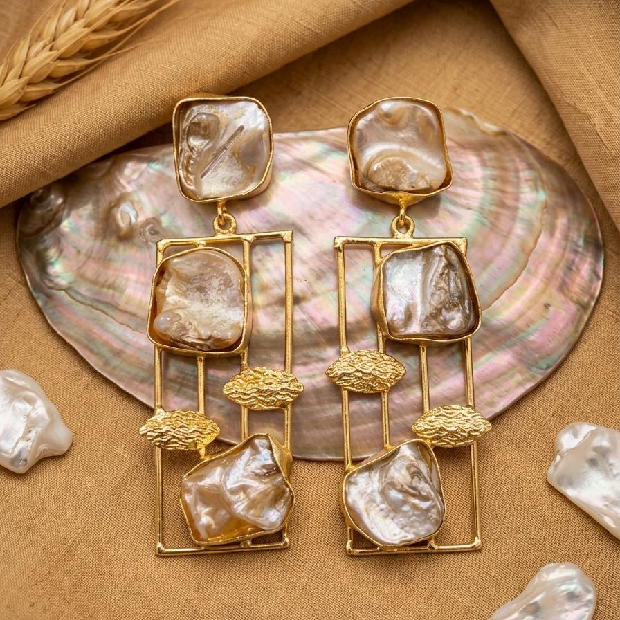 Mother Of Pearl Cage Designer Golden Earrings - Nimé By Shop Trendys