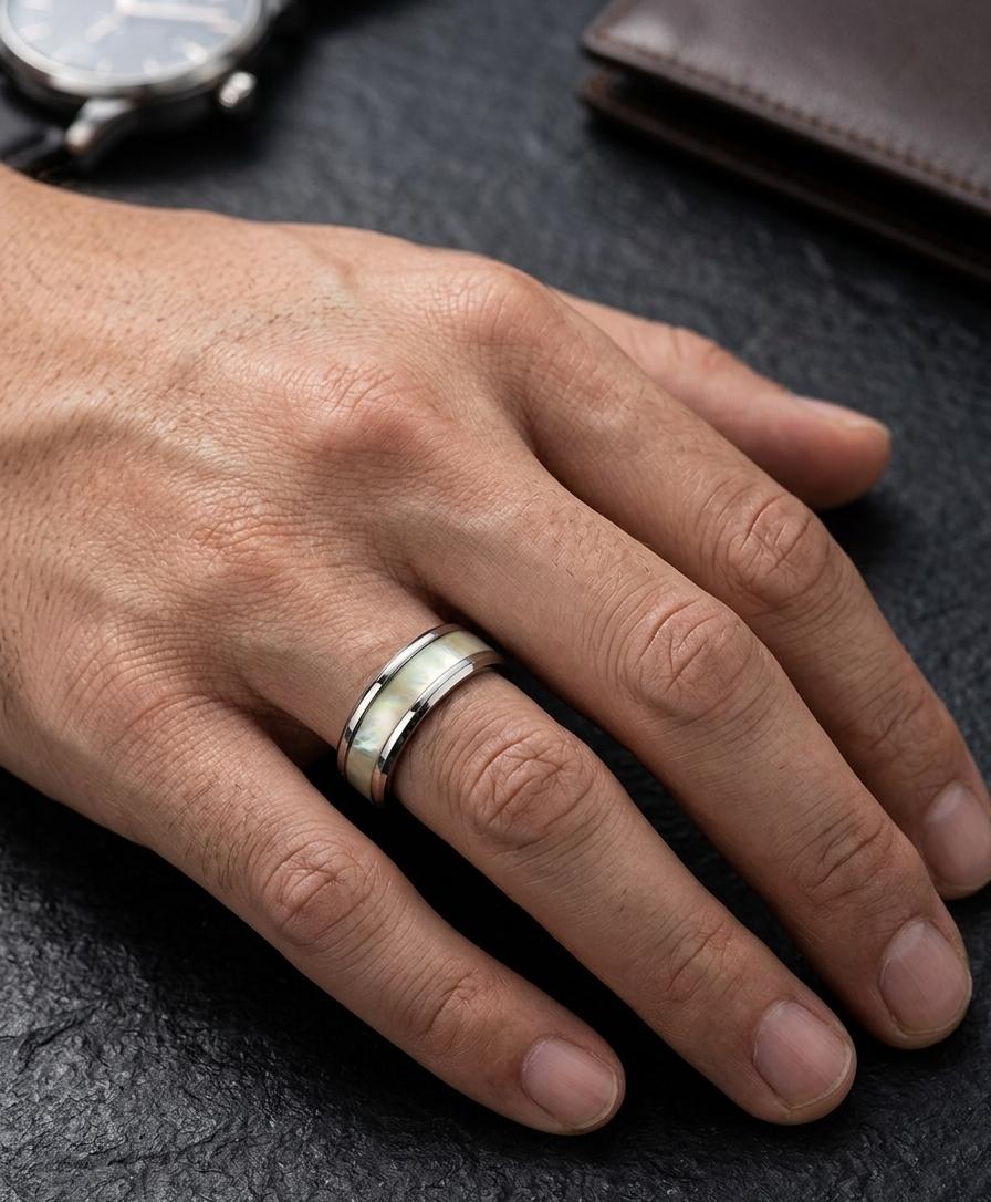 Silver Mop Stone Band Men Ring