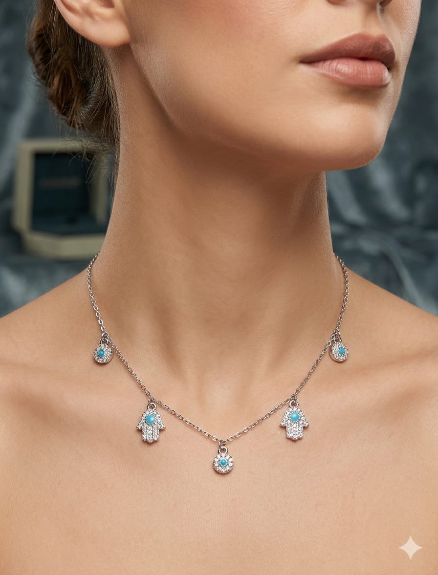 Blue Evil Eye Hamsa Hand Charm Necklace (Anti Tarnish) - Nimé By Shop Trendys