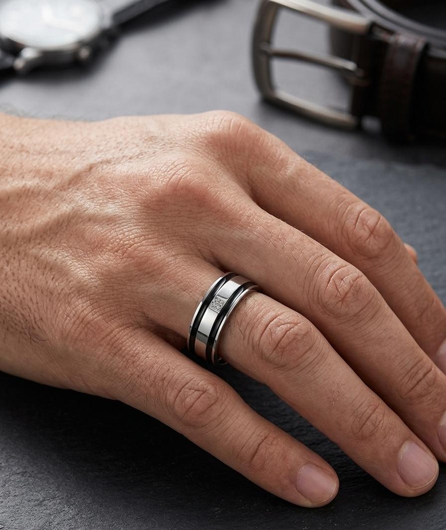 Silver Black Band Men Ring