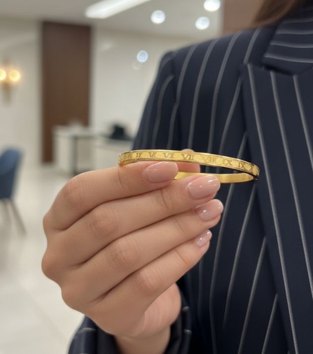 Women Golden Roman Numerical Kada Bracelet (Anti Tarnish) (Small Size)