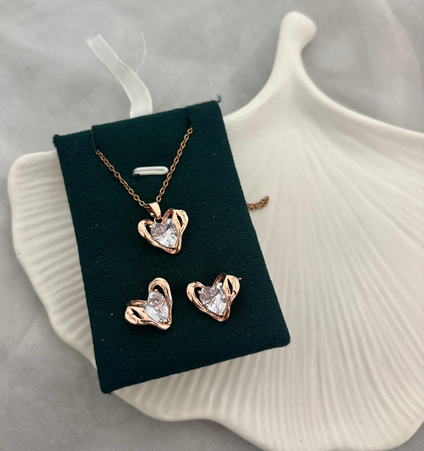 Heart Diamond Rose Gold Necklace With Earrings (Anti Tarnish)