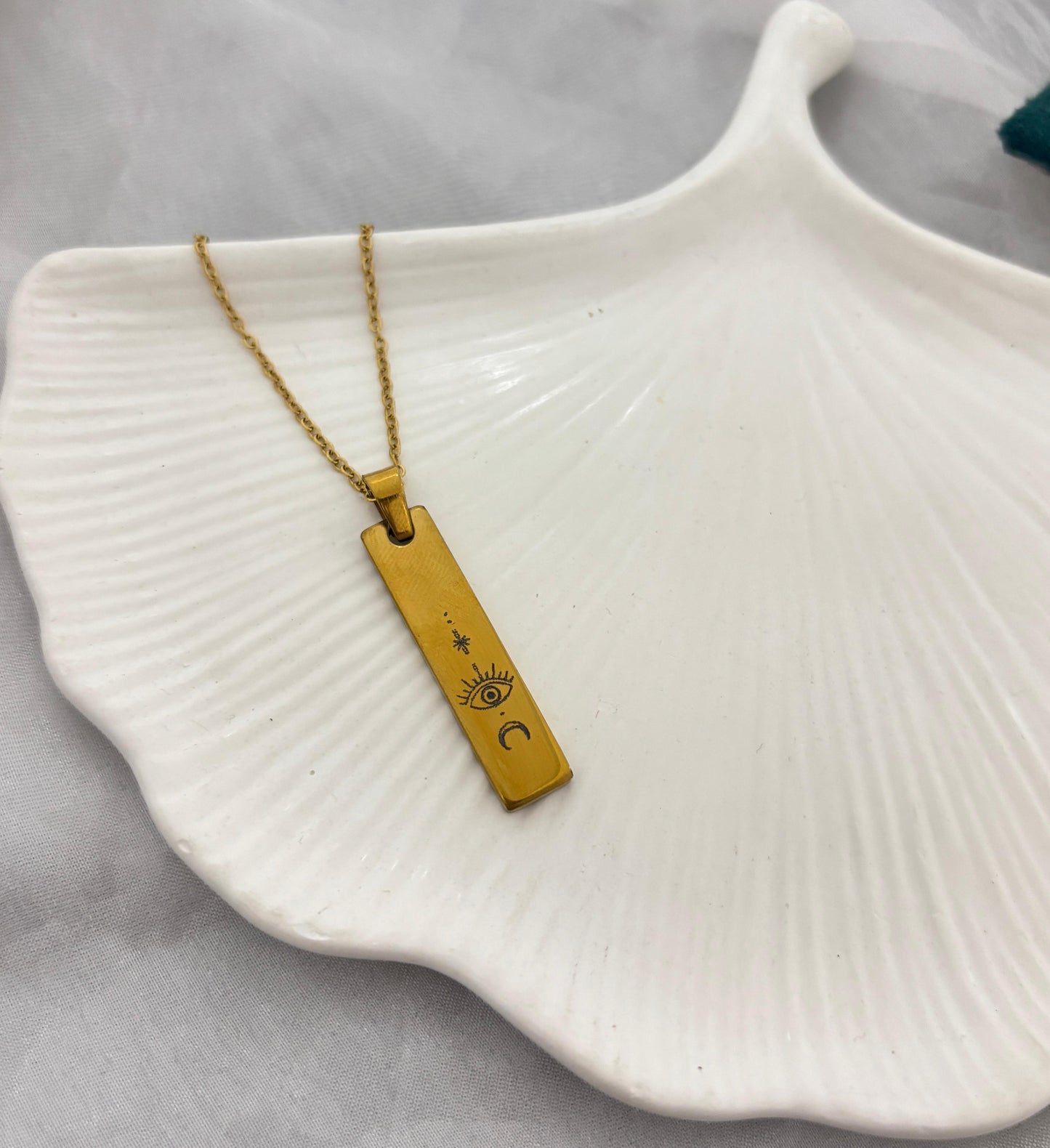 Evil Eye Star Moon Golden Bar Necklace (Anti Tarnish) (Unisex)