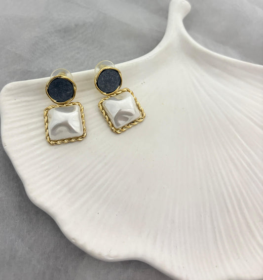 Golden Navy Blue White Pearl Earrings (Anti Tarnish)
