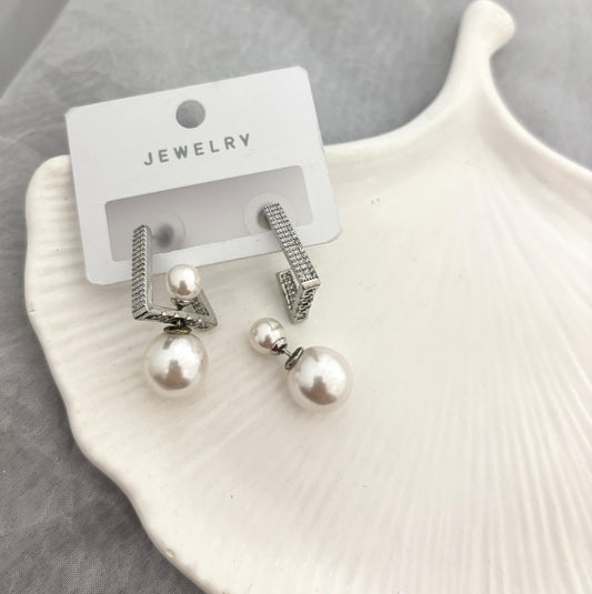Silver Three Ways Diamond Pearl Earrings (Anti Tarnish)