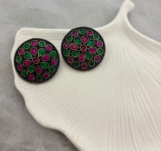 German Silver Stone Flower Studs Earrings